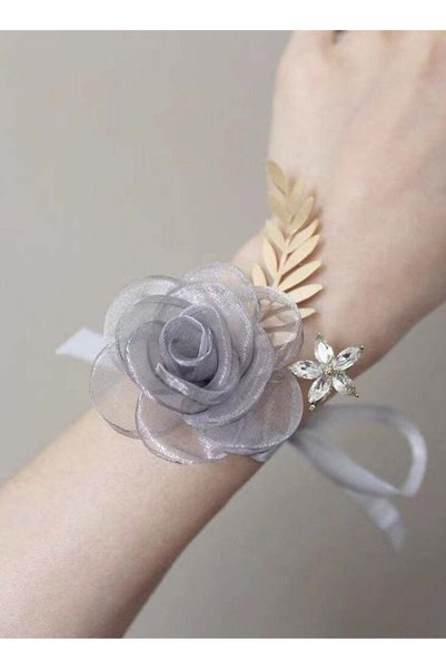 Generic 6 Pcs/Set Elegant Gray Pearl Wrist Flower | Luxe Satin Bridal Party J...