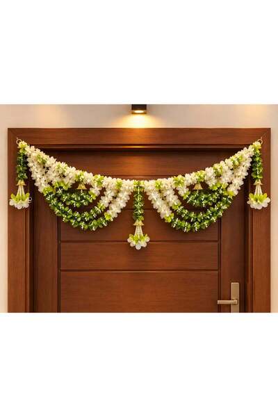 Generic Rajshi Premium Green & White Floral Door Toran with Hanging Bells – E...