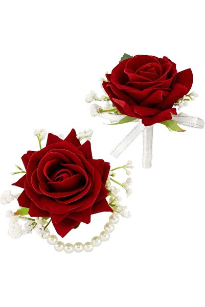 Generic 2Pcs Red Corsage And Boutonniere Set, Silk Wristlet For Prom Decor, W...