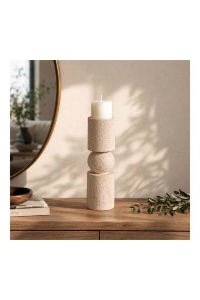 Generic Santorini Polyresin Travertine Texture Pillar Candle Holder 9.5x9.5x3...