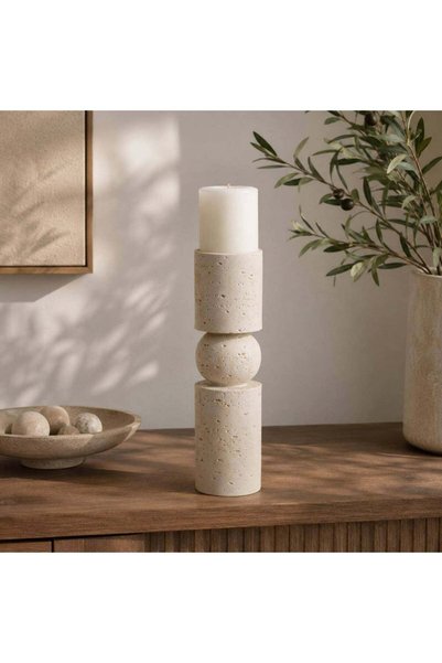 Generic Santorini Polyresin Travertine Texture Pillar Candle Holder - 112HEL9...
