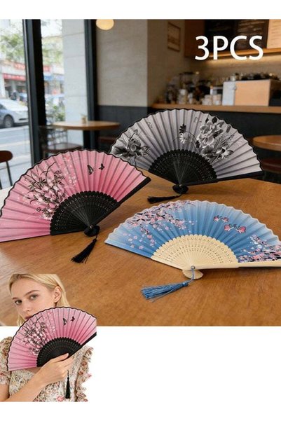 Generic 3 Pcs Floral Folding Hand Fans Chinese Style Bamboo Folding Fan Handh...