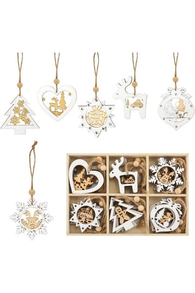 Generic Wooden Christmas Tree Ornaments, 3D Farmhouse Snowflake, Reindeer, Sn...