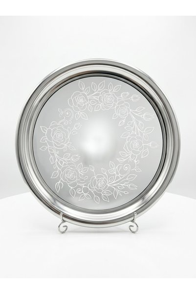 Ekim Grup Decorative Silver Plated Flower Embellished Round Presentation Tray (25 cm) / Promise, Engagement, and Coffee Tray