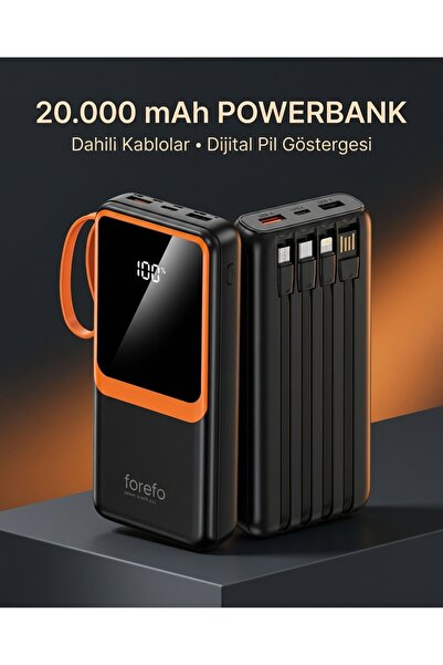 1. Çoklu Çıkışlı 20000 mAh Powerbank Entegre Kablolu Dijital Ekranlı Taşınabilir Şarj Cihazı
