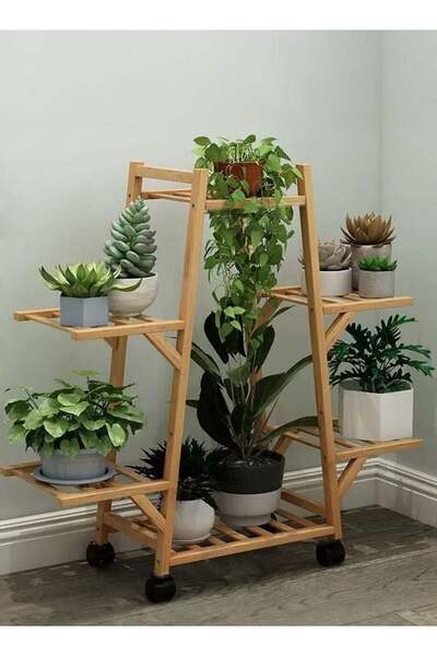 Generic Bamboo Triangle Plant Stand with Wheels,Indoor and Outdoor Rolling Pl...