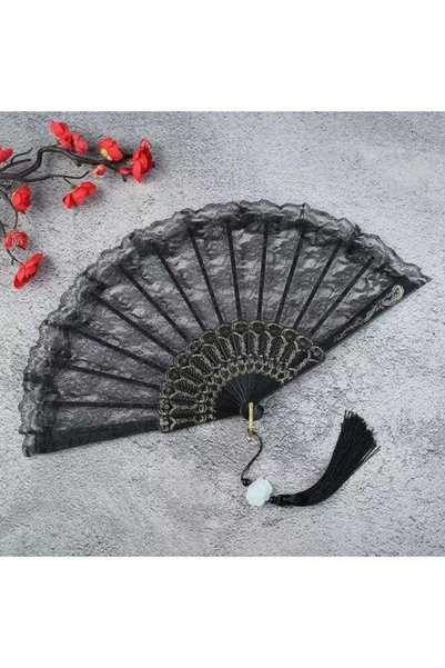 Generic Gothic Lace Folding Fan - Black Lolita Japanese Style Fan with Pendan...