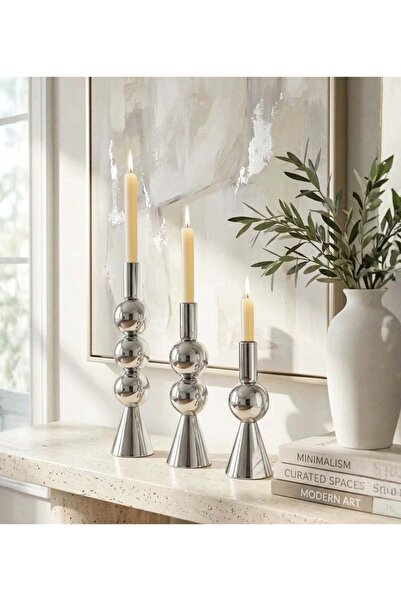 Generic Set of 3 Silver Taper Candle Holders, Metal Candlesticks in 3 Heights...