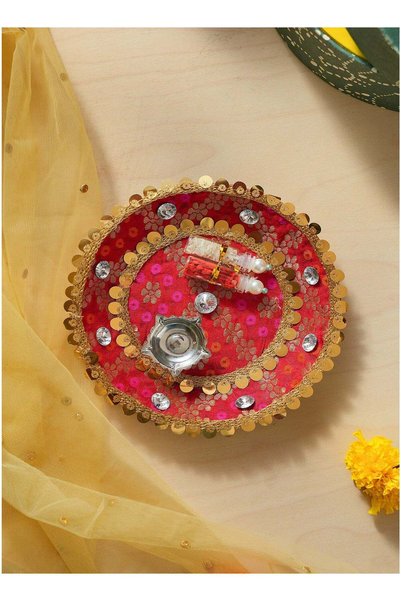 Generic Madhoor Sequin Decorative Pooja Thali Red for Aarti, Pooja & Festive ...