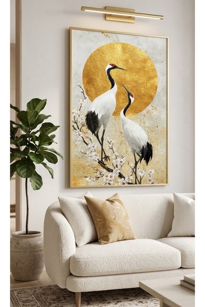 Linacci Gold Framed Crane Bird Printed Real Glass Painting - Gold Far East Or...