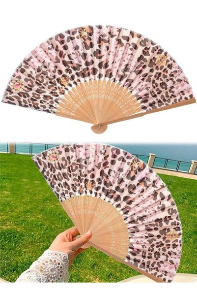 Generic Vintage Bamboo Folding Hand Fan with Printed Leopard Flower Pattern, ...