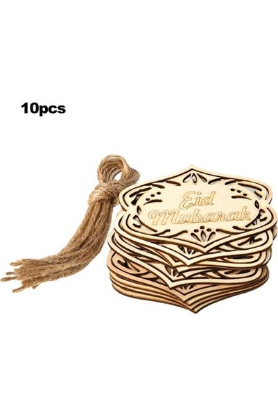 Generic 10-Piece Wooden Eid Mubarak Hanging Pendants With Rope Beige/Brown