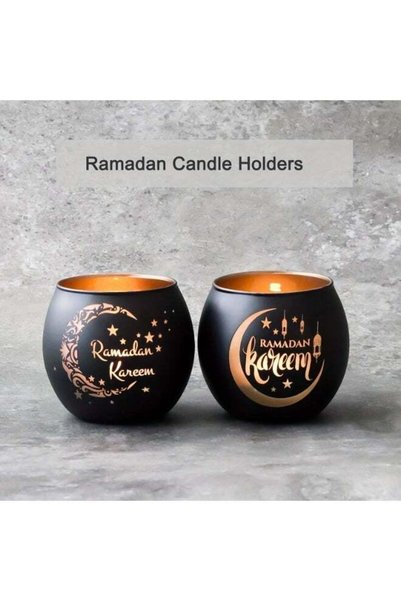 Generic 2 PCS Ramadan Kareem Glass Candle Holders Black & Gold Moon Star Desi...