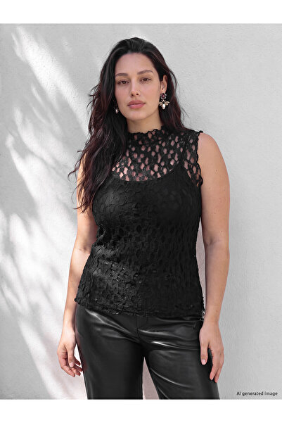 LC Waikiki Two Mt Shop Quality Lcw Curve Black Lace Patterned Oval Neck Sleev...
