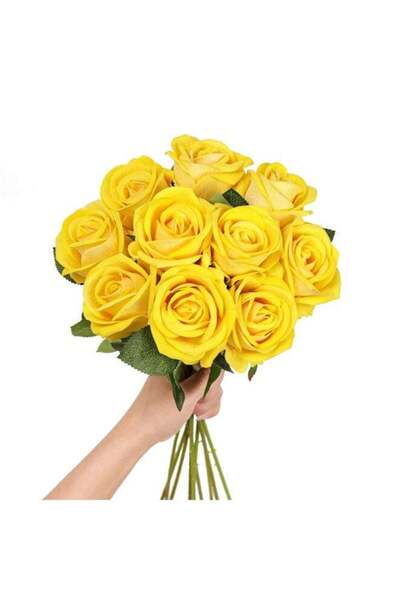 Generic 10 Pack Artificial Yellow Velvet Silk Roses with Stem for Wedding & H...