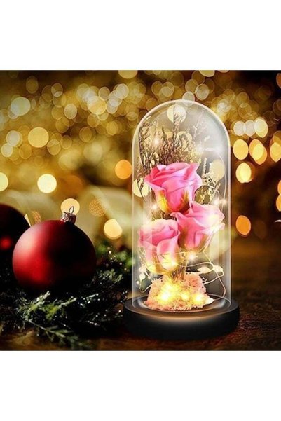Generic Decorative LED Rose Flower in Glass Dome, Artificial Floral Arrangeme...