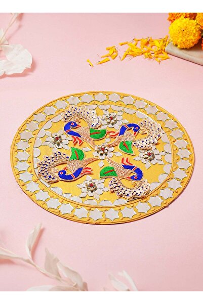 Generic Madhoor Peacock Mirror Decorative Rangoli Design Yellow for Diwali, P...