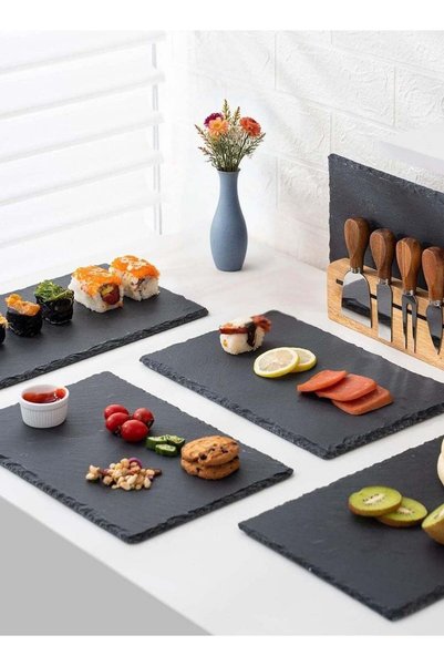 Generic Set of 4 - Natural Stone Slate Plates ,30x20CM , Black