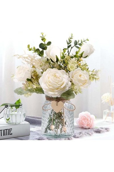 Generic Fake Flowers, Silk Roses Artificial Flowers, White Faux Flower Arrang...