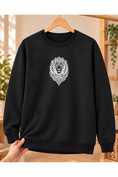 Mor Mürekkep Hanorac cu gât de ciclism imprimat cu cap de leu ornamental - negru