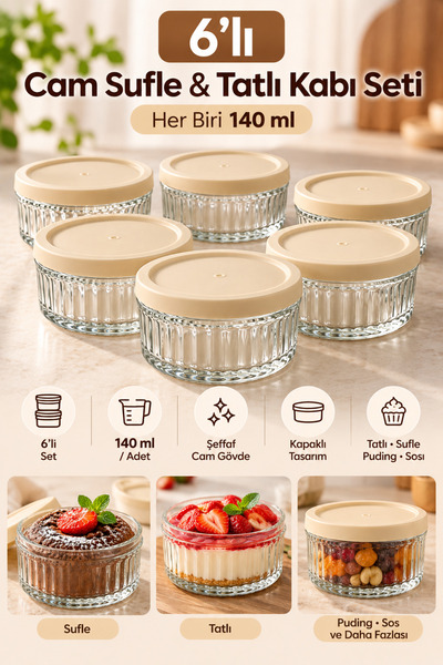 DOVİHOME 6'lı Cam Sufle Kabı Seti 140 ml – Kapaklı Cam Tatlı, Puding, Sos ve ...