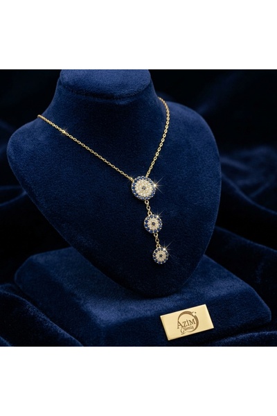 925 Ayar Gümüş Gold Üçlü Nazar Boncuğu Kolye Kadın Mavi Taşlı Hediye Sevgili