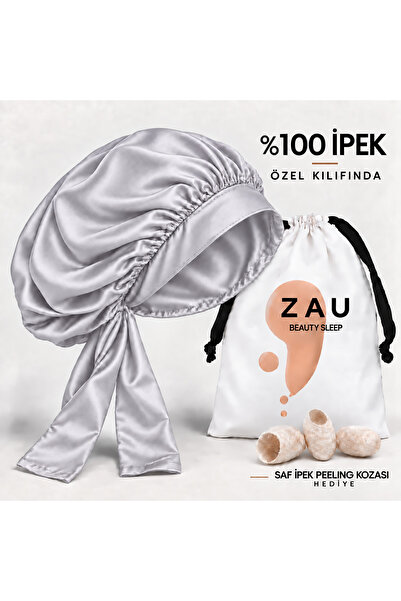 %100 İpek Ayarlanabilir Bağlamalı Saç Bonesi, Özel Kılıflı ve Saf İpek Peeling Kozası Hediyeli (Gri)