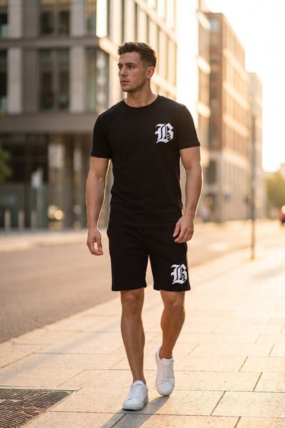 Stoykis Men Shorts T-Shirt Set Gothic B Letter Printed 100% Cotton Summer Bottom Top Set - Black