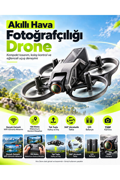XİRA 720P Kameralı WiFi FPV Drone Çift Bataryalı 150 Metre Kontrol Mesafeli Tek Tuş Kalkış İniş 360° Takla