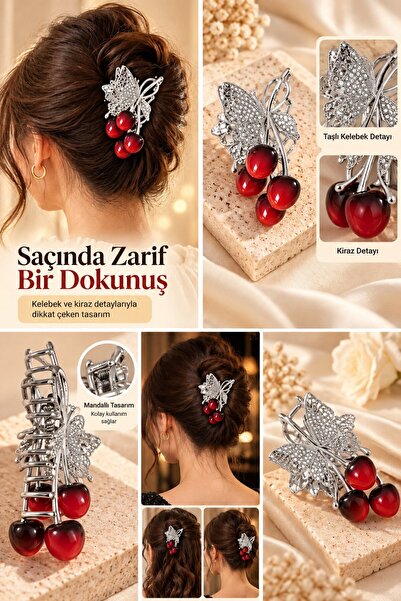FLY LIFE Stoned Butterfly Cherry Detailed Hairpin Buckle Silver Stylish Women's Hair Accessory