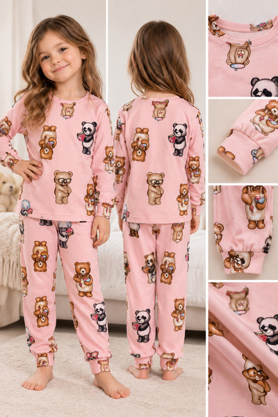 KIZ ÇOCUK AYICIK PANDA DESENLİ UZUN KOLLU PİJAMA TAKIMI