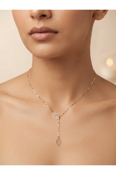 Papatya Silver Orjinal 14 Ayar Sertifikalı Altın Aynalı Ezme Zincir Yaprak Kolye