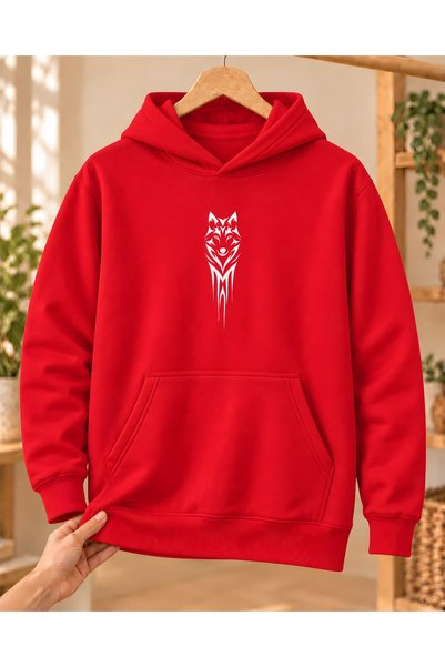 Mor Mürekkep Hanorac cu glugă pentru femei Tribal Wolf Head imprimat - roșu