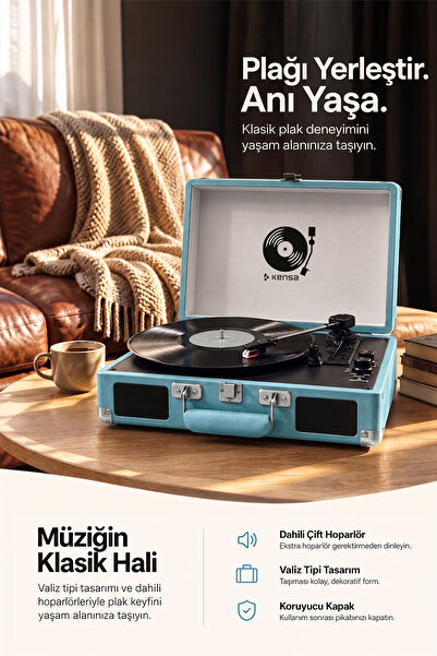 Kensa Bluetooth’lu Nostaljik Çantalı Pikap 33/45/78 Devir Dahili Bataryalı Pl...