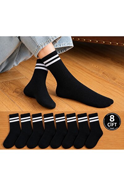 8 Çift Siyah Çizgili Tenis Kolej Çorabı – Unisex Spor Çorap, Günlük Kullanım, Ekonomik Paket