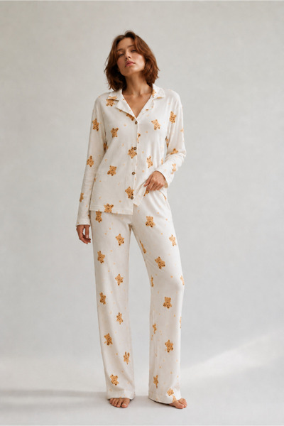 WomanAndKids Night White Women's Shirt Collar Buttoned Nightwear Pajama Set