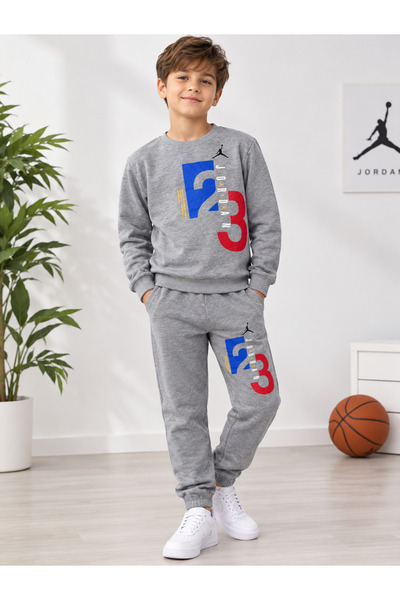 ALKINKİDS 10-14 Years Old Boys' Jordon Printed Cotton Top and Bottom Set