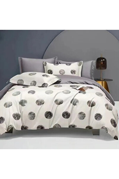 decorami Lenjerie pat dublu cu Elastic, bumbac satinat, Crem, Gri, buline