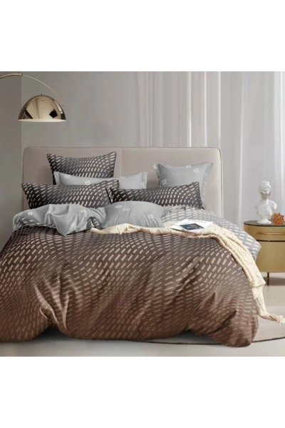 decorami Double bed linen, satin Cotton , 4 pieces, Brown, abstract