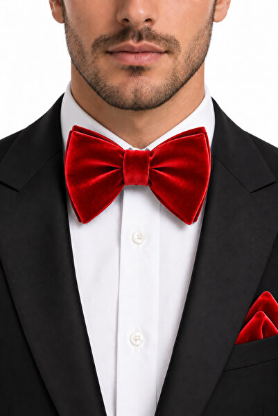 ELROZO Men's Large Velvet Bow Tie and Pocket Square Set
