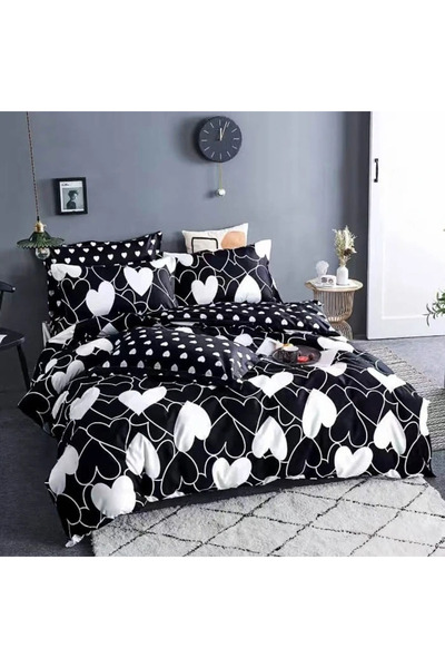 decorami Double bed linen, satin Cotton , 4 pieces, White, Black, hearts
