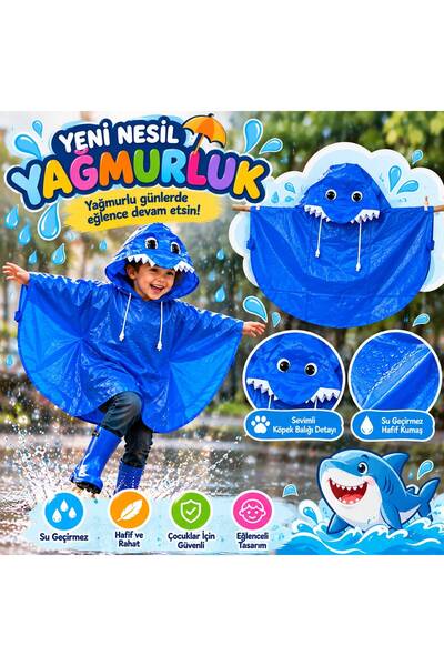 YDNE Köpekbalığı Desenli Çocuk Yağmurluğu 3-10 Yaş Su Geçirmez Kapüşonlu Panç...