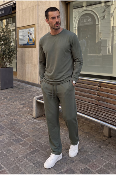 MADZEYMODA Erkek Oysh Kumaş Bisiklet Yaka Haki Sweat & Pantolon Alt Üst 2'li Takım MZ-2616