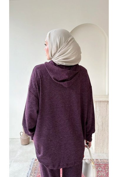 RFK Butik Women's Hooded Zipper Detailed Knitted Sweater Set - Plum
