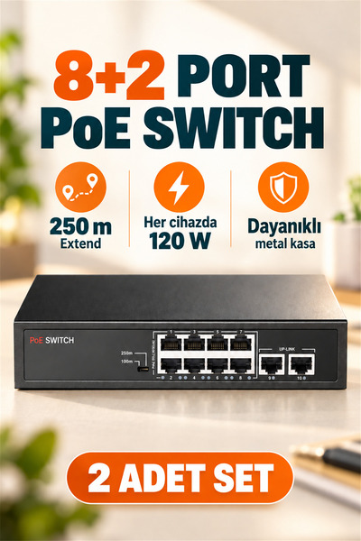 2 Adet 8+2 Port PoE Switch Ağ Anahtarı - IP Kamera NVR İçin 250m Extend 120W Metal Kasa