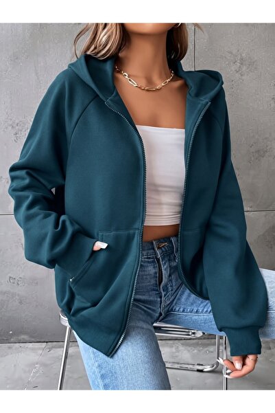 EXPECTED Women's Petrol Blue Oversize Zipper Hoodie Streetwear Hooded Cardigan