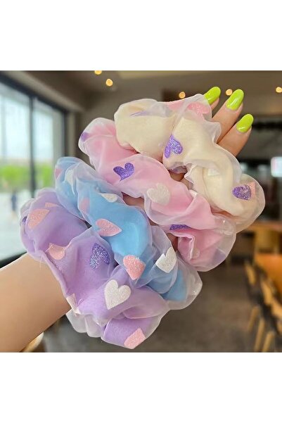 GENERAL 4 Pcs Glitter Heart Organza Scrunchie, Sweet Mesh Fabric Hair Tie, So...