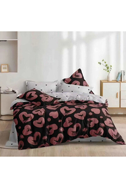 decorami Double bed linen, satin Cotton , 4 pieces, Black, Red, hearts