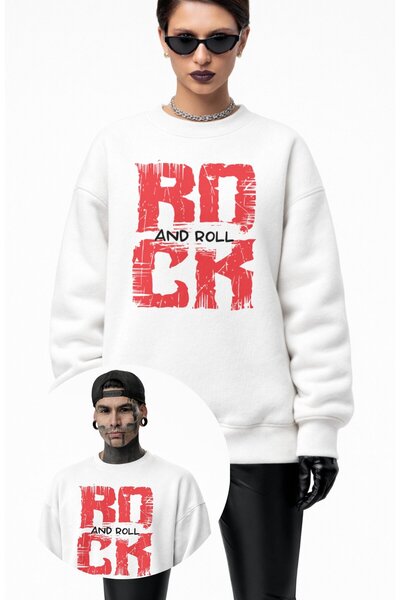 Fuddy Moda Hanorac unisex oversize cu imprimeu Rock And Roll, fără glugă, cu ...
