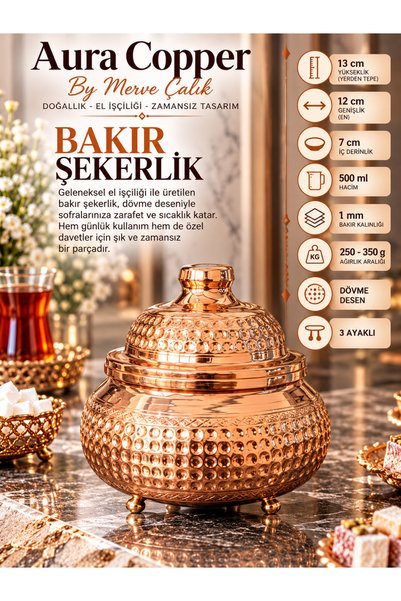 AURA COPPER Kapaklı Bakır Şekerlik 3 Ayaklı El İşlemeli Lokumluk